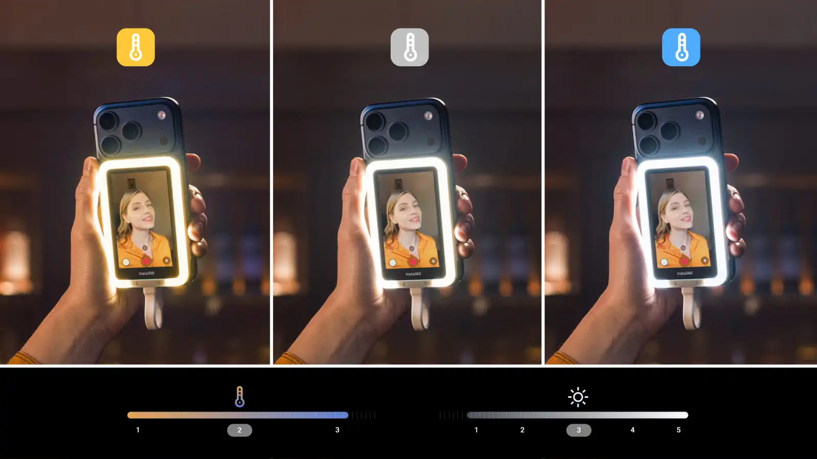 Trzy temperatury barwowe i pięć poziomów jasności Insta360 Snap with Light